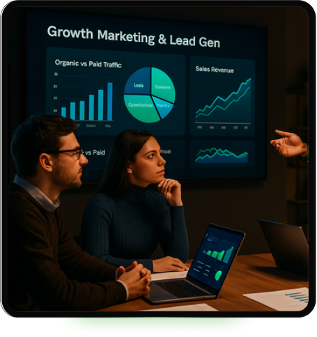 cipherrex growth team reviewing organic traffic, sales metrics, and funnel data to optimize lead gen