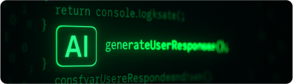 Green glowing AI symbol beside a highlighted code command 'generateUserResponse', suggesting smart global automation through code.