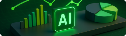 Neon green AI symbol in front of a bar graph and pie chart, with data points and trend lines showing adaptive marketing insights.