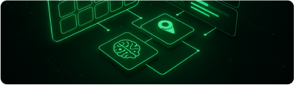 Glowing green digital interface showing calendar, location, and AI brain icons—representing smart sprint planning and team task allocation.