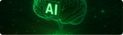 Glowing green digital brain labeled 'AI' floating over a circuit board, representing artificial intelligence performing diagnostic analysis.