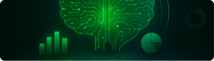 Futuristic neon green brain made of circuit patterns with digital bar and pie charts, symbolizing AI-led decision-making and analytics.