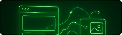Neon green wireframe of web UI components with dotted arrows and behavior flow patterns, symbolizing AI-driven adaptive interfaces.