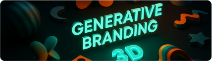 3D-rendered image featuring the text 'Generative Branding 3D' glowing in neon green, surrounded by abstract shapes and gradients.