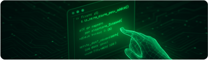 Futuristic hand interacting with glowing code on a digital screen, depicting AI-assisted coding and bug detection.