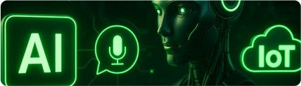 Digital robot face beside glowing icons for AI, microphone, and cloud, representing smart integrations and automation.